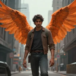 Avan Jogia as an angel with large orange wings, detailed urban fantasy digital art, trending on artstation