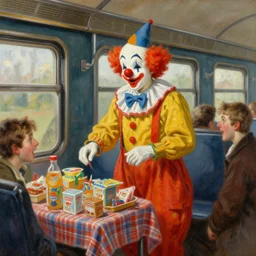 a clown selling goodies on the train, highly detailed painting by gaston bussiere, craig mullins, j. c. leyendecker 8 k