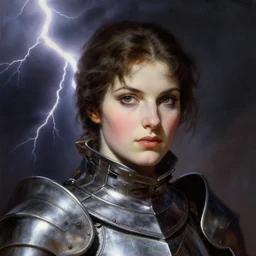 head and shoulders portrait of a female knight, portrait by frank frazetta, dramatic lighting, lightning in background, airbrush, hq