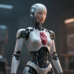 humanoid female robot with a visible heart, concept art, highly detailed, great cinematic lighting, 8 k, depth of field, 3 d, art by greg rutkowski, trending on artstation, cinematographic shot
