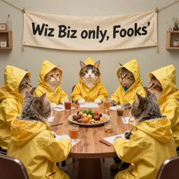 a meeting of cat wizards dressed in yellow raincoats. A banner that reads 'Wiz Biz only, Fools' adorns the back wall. Hypermaximalistic, hyper detailed 4k resolution photo realistic