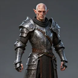 intense male drow warrior knight, patchy vitiligo skin, realistic artstation render
