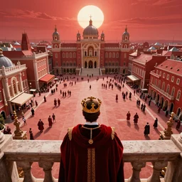 First person view of a king from the terrace of the palace looking down contemplating the crowded royal square, red toned, royalty, kingdom, medieval fantasy, vibrant colors, by andreas rocha and john howe, and Martin Johnson Heade, featured on artstation, featured on behance, golden ratio, ultrawide angle, f32, well composed, rule of thirds, center spotlight, low angle view