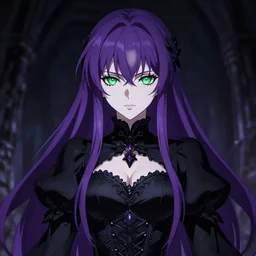 full anime portrait of beautiful necromancer woman in the darkness, face details, black ornamental dress, corset, purple straight hair, pale skin, green eyes, high fantasy, extremely detailed, digital illustration, by kurone mishima, light novel cover art