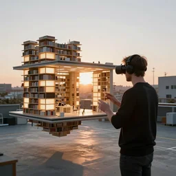 candid photo of sunrise futuristic floating open - air design studio workshop : nodes designed by jony ive ( glowing panels stacked into vast explorable bookshelves ) scale model floating in midair in front of me : brilliant daylight vr os ux, leica 8 k still from an a 2 4 film