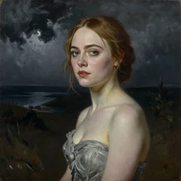 Elle Fanning at night, stormy weather, extremely detailed masterpiece, oil on canvas, artstation, Skyfall, Roger Deakin’s cinematography, by J. C. Leyendecker and Peter Paul Rubens,