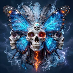 3 d goddess butterfly face portrait, sigma 5 0 0 mm f 4, beautiful intricate highly detailed quetzalcoatl skull and feathers. bioluminescent, plasma, lava, ice, water, wind, creature, thunderstorm! artwork by tooth wu and wlop and beeple and greg rutkowski, 8 k trending on artstation,