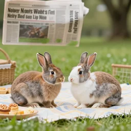 two rabbits in love with each other are having a picnic in the park, newspaper article