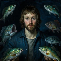 a close - up renaissance portrait of a fisherman surrounded by sea creatures. deep blue and green tones. night time. gloomy dark black background. highly detailed fantasy science fiction portrait painting by norman rockwell, moebius, eyvind earle, frank frazetta, and syd mead. rich colors, high contrast. artstation