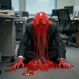bored office worker but his face is like red slime and melting onto the floor movie still