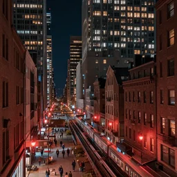 high quality photograph of a city at night, people walking, nice place to live, skyscrapers, midrise buildings, narrow streets, soft red street lamps, small windows, trains, cozy, artstation hq, detailed, beautiful, dynamic, repeating pattern, photograph, realistic