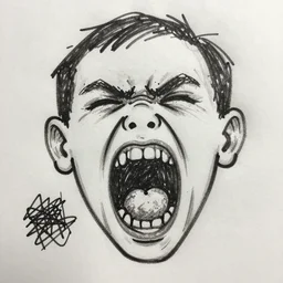 sadistic face screaming, drawn by 1 4 - year - old freshman, telling you to go to sleep, loose - leaf paper, pen drawing, scribbly, bad
