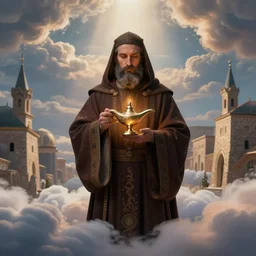 a byzantine priest is carrying a genie lamp surrounded by heavenly clouds in a Byzantine city, concept art, beautiful light, symmetry, very coherent, realistic, trending on artstation, cinematic, 85mm lens