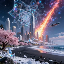 cyberpunk greek megapolis on waiʻanapanapa state park black beach of new york during interstellar crystalized fractal kaleidoscope glass sky, blazing fire meteor hitting crystal snow landscape, lush sakura, advanced civilization, high tech spaceships, by peter mohrbacher, james jean, james gilleard, greg rutkowski, rule of thirds, octane render, beautiful