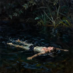 someone swimming in dark waters at night, dark atmosphere. vegetation on the water. by etam cru, piotr jablonski and phil hale. highly detailed oil painting