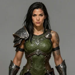 Gina Carano clothed in battle armor, olive skin, long dark hair, beautiful bone structure, symmetrical facial features, intricate, elegant, digital painting, trending on Artstation, concept art, smooth, sharp focus, finely detailed, illustration, from World of Warcraft, by Artgerm and Greg Wutkowski and William-Adolphe Bouguerea, award winning art