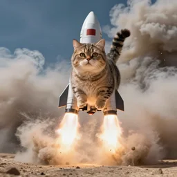 award winning wildlife photography, a fat house cat, midair, launching towards the camera at high speeds breaking the sound barrier, spaceship propulsion, huge flame exhaust behind cat, surrounded by rocket launch smoke, space rocket smoke, high shutter speed, dust and sand in the air, wildlife photography by Paul Nicklen, shot by Joel Sartore, Skye Meaker, national geographic, perfect lighting, blurry background, bokeh