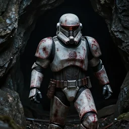 a space marine emerging from a dark cave, blood stains, weathered, somber, film still, cinematic s- 150