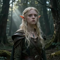 portrait of grimes as an elf, fantasy rpg, dark woods in the background, light rays peaking through the tree, 8 k, very detailed, photo realism, artstation