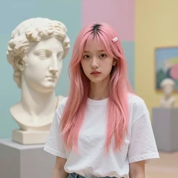 a young beautiful woman made from marble, face in the style of constantin brancusi : 5, wes anderson background, casual modern clothing, artgem, portrait, boris valejo, kawaii hairstyle, pastel colors, colorful, octane render, digital painting, details, unreal engine, museum piece, dynamic light,
