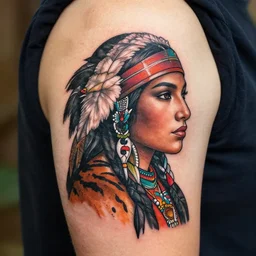 tattoo design, side portrait of a beautiful native american girl with a tiger, artgerm, by artgerm