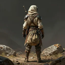 an intricate concept art illustration of an explorer nomad with bag standing, post - apocalyptic, back - view, full body shot, fuzichoco color palette, digital art, style by ivan talavera and artgerm and wlop, hyper realistic, photorealistic, octane render, trending on artstation, cgsociety, cinematic light