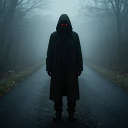 mist, there\'s a shadowy figure on the road it has red glowing eyes