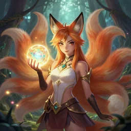 ahri!!!!!!, by yuumei | by wlop | fantasy | handbok!!! | holding a glowing ball | mystical forest | digital | very detailed | by natalie shau | portrail | the nine - tailed!!! fox | league of lengeds