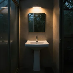 greenhouse bathroom, dark, dramatic lighting