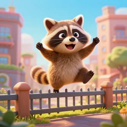 exciting funny video game with happy raccoon jumping over fence in cartoon city, 3 d, beautiful, blender, octane rendering, global illumination, radiant light, detailed, concept art, trending on artstation