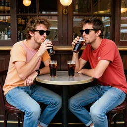 2 hip guys wearing sunglasses and jeans with colorful t shirts, sitting around a round table in a bar drinking coke, by toulouse lautrec
