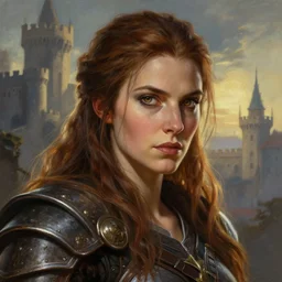 closeup portrait of an artificer, dungeons and dragons character, dramatic lighting, female warrior, beown hair, castle background, gorgeous view, realistic, high detail, digital art, painted by greg rutkowski, painted by jeremy mann, painted by alphonse mucha, trending on artstation