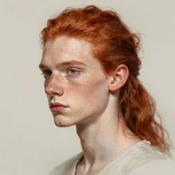 portrait of a thin young man with long red hair, ponytail, a lot of freckles on his face, intricate, elegant, highly detailed, digital painting, artstation, concept art, sharp focus, illustration, art by aleksi briclot, rutkowski