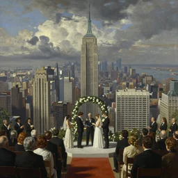new york, by fernando botero, by ambrosius benson, realistic, zoomed out, epic composition, discovering, ceremony