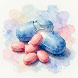 red pill or blue pill, transgender, estrogen, dreamy, watercolor painting, 4 k, detailed