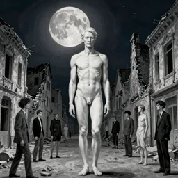 old white - headed man under the huge moon on a street of ruined city by beksinski and takato yamamoto and austin osman spare and edward hopper and mark ryden and tsutomu nihei, very coherent, baroque elements, perfect anatomy
