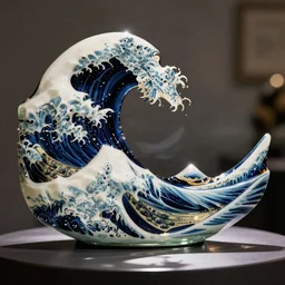 a blown glass sculpture of a wave on a table in the style of The Great Wave off Kanagawa by Hokusai