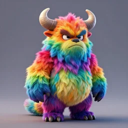 full body 3 d model of a vibrant rainbow colored angry furry monster with fuzzy horns, a 3 d render by wendy froud, kinderschema face, dark rainbow colored fur, zbrush central contest winner, furry art, rendered in maya, vibrant, colorful, rendered in cinema 4 d, behance hd, daz 3 d, cgsociety, matte background