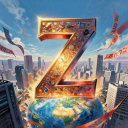 an epic comic book style painting of the uppercase letter z towering over the world, the letter z, font, tokyo cityscape, banners and ribbons, trending on artstation, dynamic lighting
