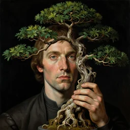 close - up, sci - fi portrait of a man turning into a bonsai tree. dark lighting. organic black background. highly detailed science - fiction painting by norman rockwell, moebius, frank frazetta, syd mead, donato giancola. rich colors, high contrast. renaissance masterpiece. artstation