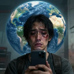 selfie taken by the last person remaining alive on earth just before losing consciousness, as the world is dramatically ending during the terrifying apocalypse. The person is sad, worn-out, weakened, injured, ill, and desperate. Highly-detailed digital photo taken by the front-facing camera of a smartphone.