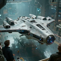 ( cyberpunk 2 0 7 7, bladerunner 2 0 4 9 ) de - hazed, scientists creating an artificial alien highly detailed futuristic biomechanical thick smooth quad wing combat spaceship in their spaceship lab, glassy, photographic, octane render, natural light, photorealistic, art by brian sum and annie leibowitz, film still from movie by ridley scott