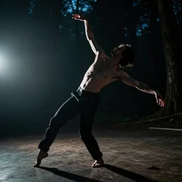 a smudged, scratched, grainy and blurry photograph showing the whole body of a slender man dynamically and frenetically moving in a dark room. his dance is wild and unpredictable. in the creepy woods, night time, flash lights.