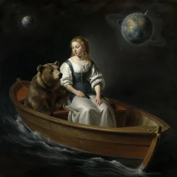 a girl and a bear on a motorboat in space, oil painting, atmospheric lighting, highly detailed rembrandt van rijn, aert de gelder, esaias van de velde