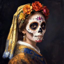illustration of a sugar skull day of the dead girl, art by johannes vermeer