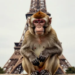 high quality portrait of a monkey in front of eiffel tower, studio photograph, photograph, realistic photo, 8k photo, 4k photo, stock photo, high resolution, cinematic shot, high detail