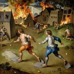 couple of flippers running away with a small profit, thinking they've made a great deal, burned city, chaos, by Hieronymus Bosch, oil painting, 4k, masterpiece