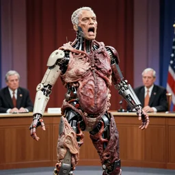 ted cruz body horror directed by david cronenberg, cybernetics, bloated flesh, debate stage, cinestill 8 0 0 t, 1 9 8 0 s movie still, film grain