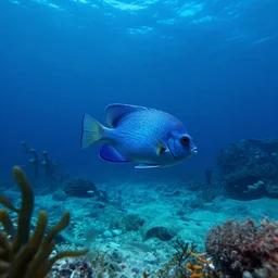 alien fish swimming on the ocean bed, deep blue ocean color, some plant life, alien landscape