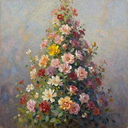 The flower tower, oil painting, award-winning, highly detailed palette knife oil painting, thick impasto, painterly